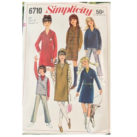 Vtg Simplicity 6710 Dress Jumper Blouse Pants Pattern 10 Girl 1966 Bell Bottom - Picture 2 of 6